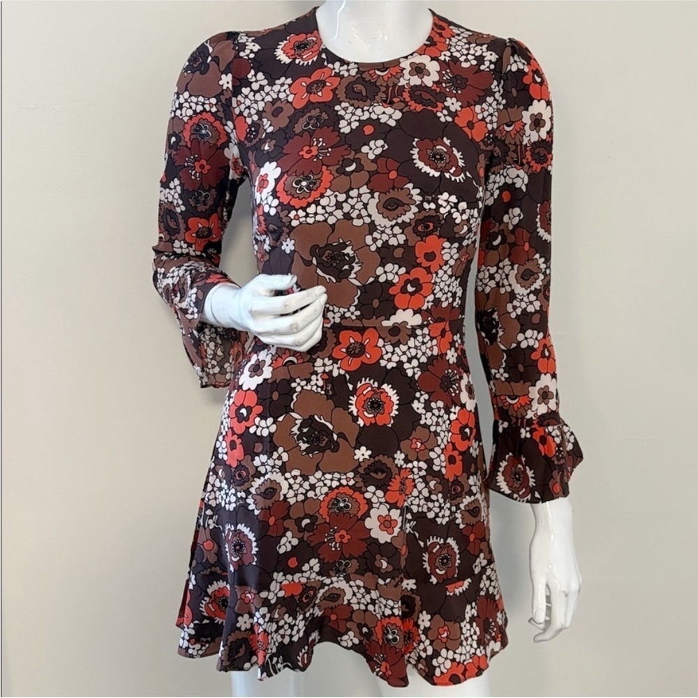 Realisation Par Mary Jane 70’s Vibes Floral Mini Dress Ruffle Cuff in Shrooms